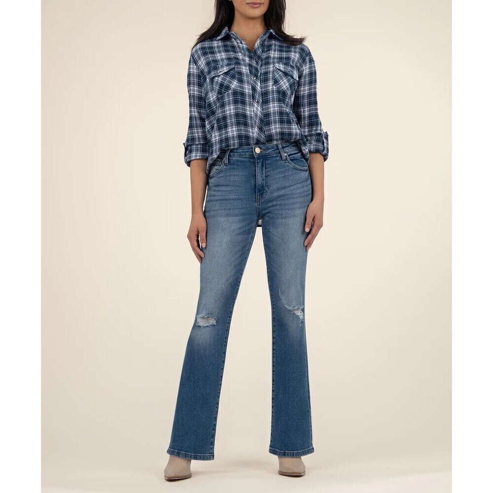 Kut from Kloth Plaid Relaxed Button-Up Shirt womens XXL snap button blue